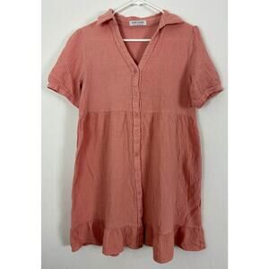 Kate Kasin Size Medium Pink Cotton Blend Gauze Ruffle Babydoll Shirt Dress Loose